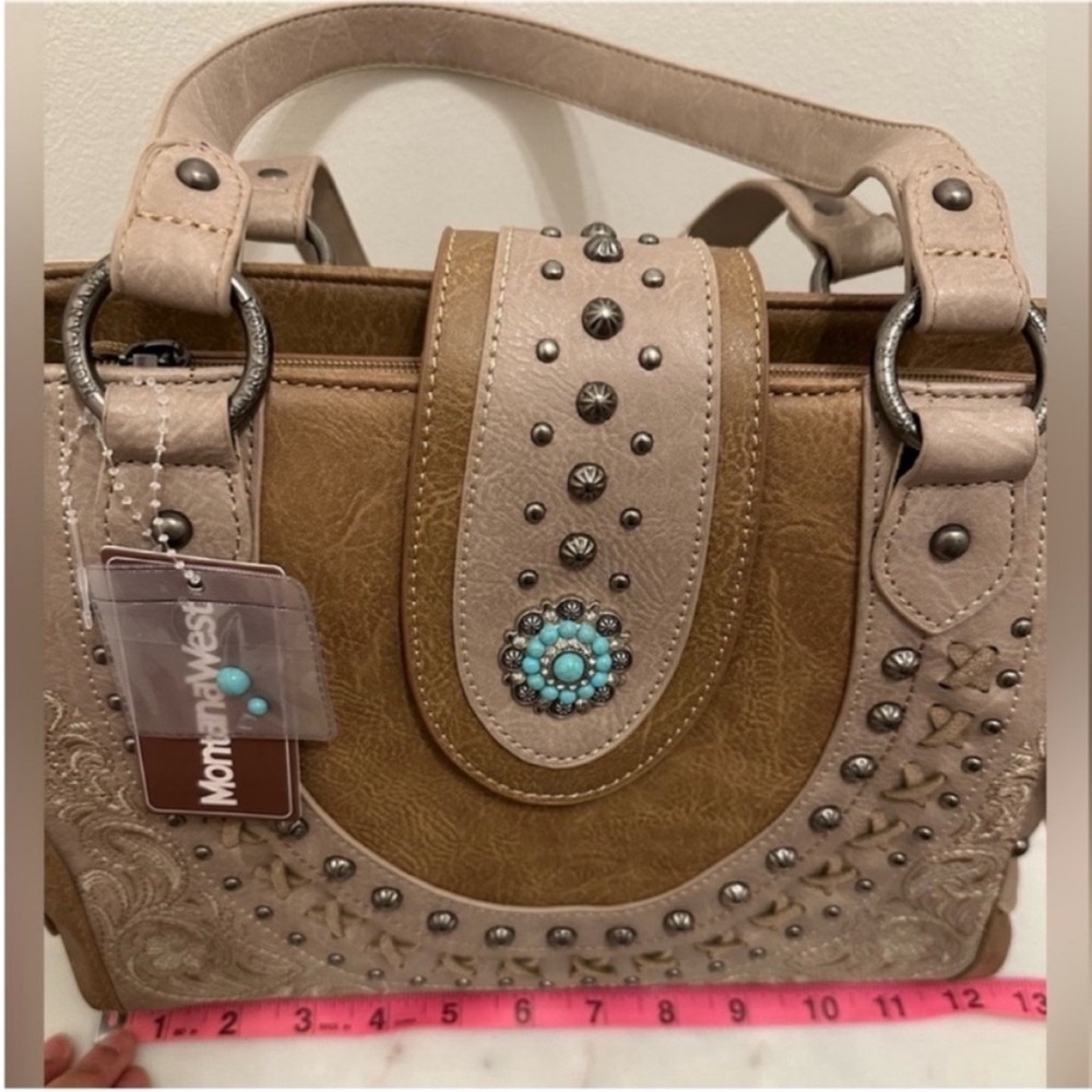 NWT Montana West Taupe Western Shoulder Bag Purse w/ Turquoise Concho - Picture 2 of 13